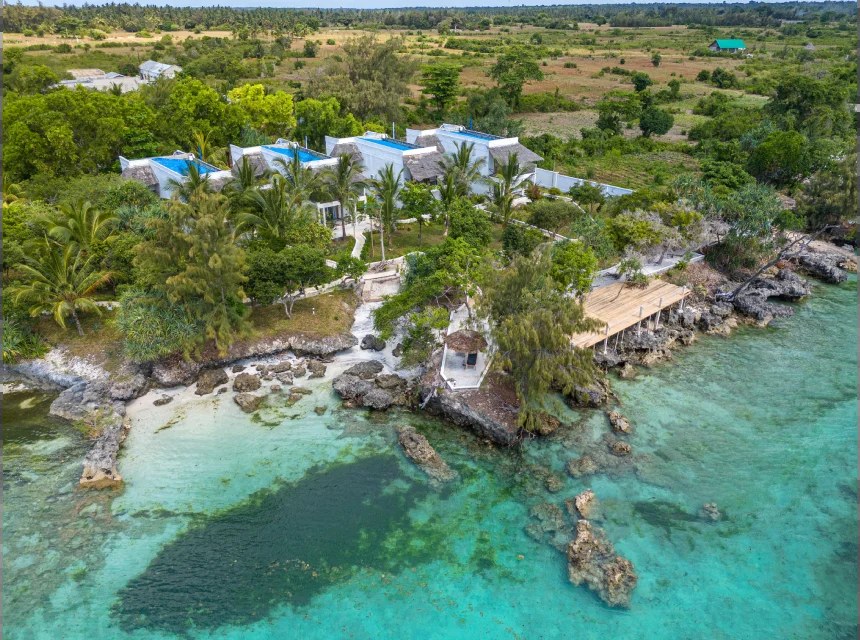 Aerial view of Pemba Paradise Beach Resort on the rocky shore at Makangale, Pemba