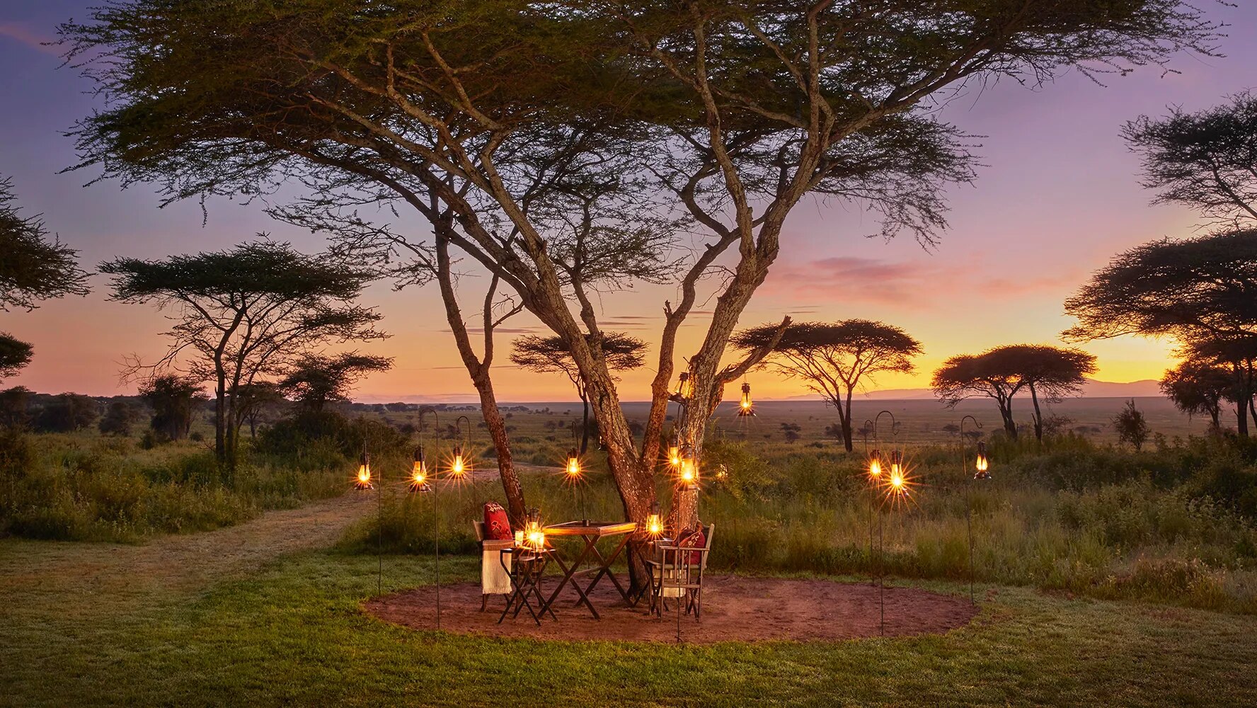 A table for two under a lantern-hung acacia at dusk, set out in the open at Songa